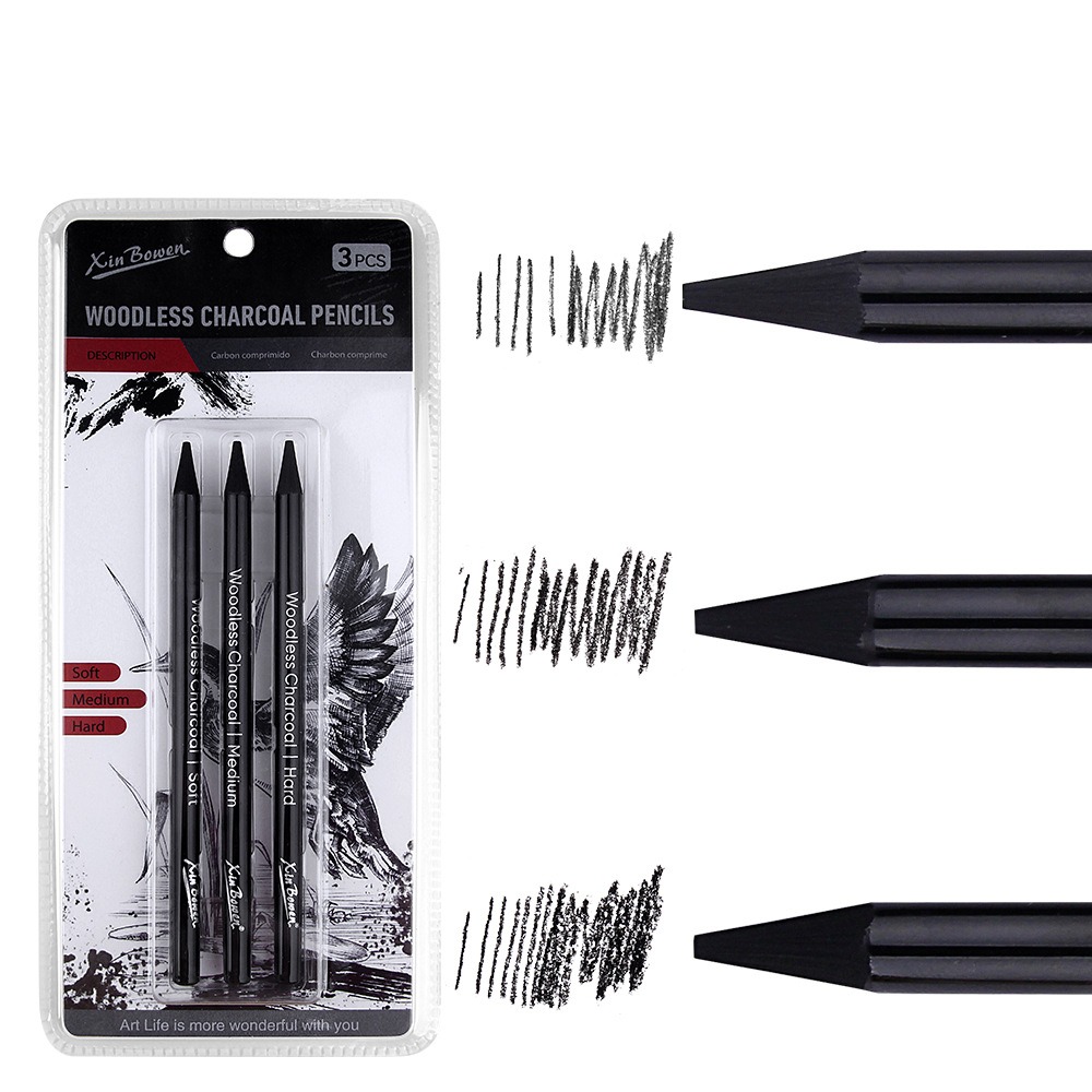 Sketching Charcoal Set - 3 adet yumuşak/orta/sert kömür kalemler seti