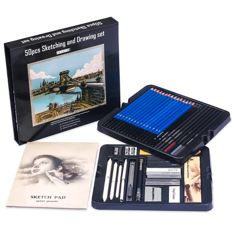 Sketching Charcoal Set - 50 adet Eskiz Kalem Seti Ahşap